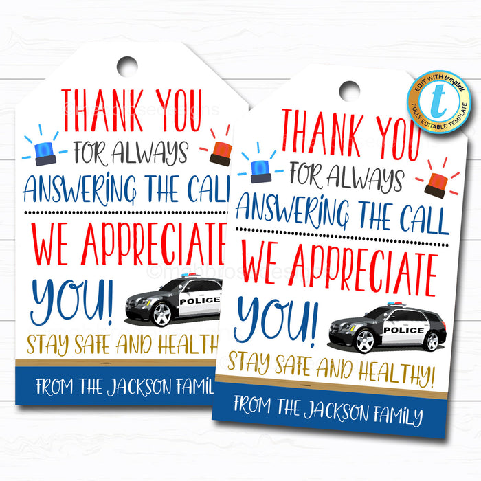 Police Appreciation Gift Tag, Thank You Gift First Responder Frontline Essential Workers, Public Safety Service Worker DIY Editable Template