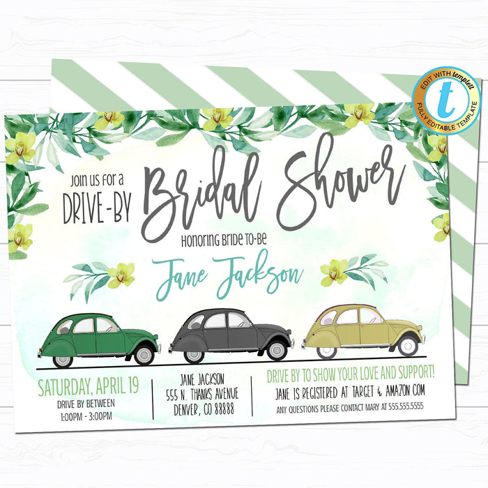 Drive By Bridal Shower Parade Invitation - DIY Editable Template