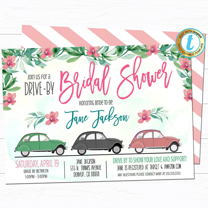 Drive By Bridal Shower Parade Invitation - DIY Editable Template