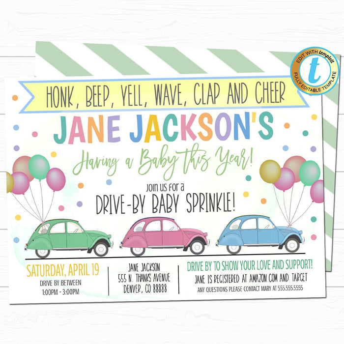Drive By Baby Shower Parade Invitation - DIY Editable Template
