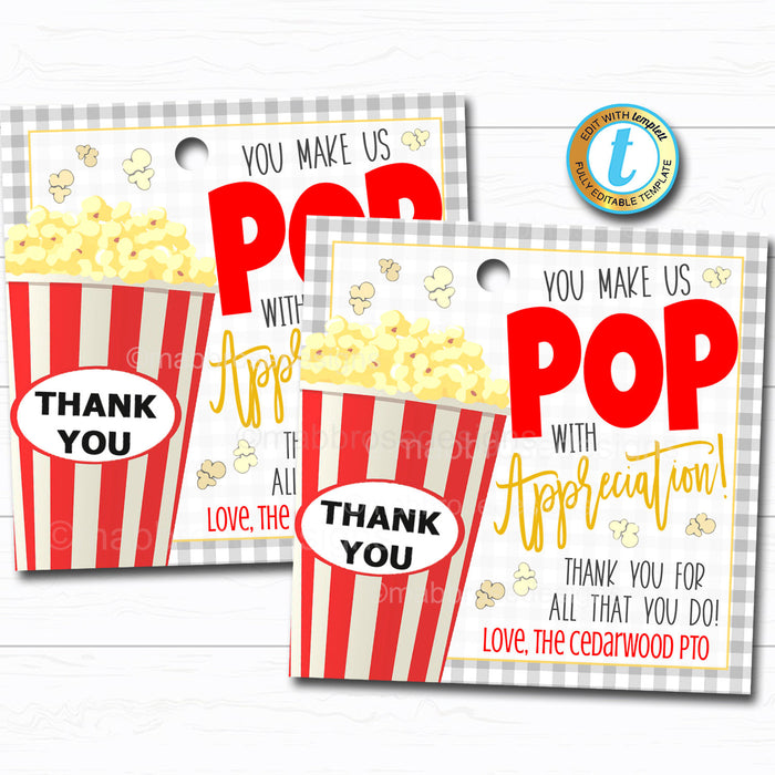 Popcorn Gift Tag - Volunteer Teacher Staff Employee School pto pta Appreciation Week Gift, Poppin By to Say Thank You, DIY Editable Template