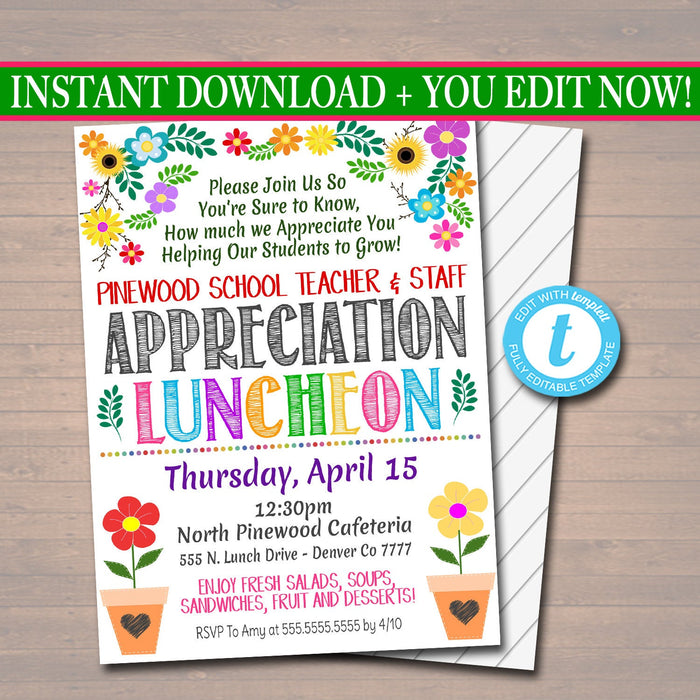 Teacher Appreciation Staff Luncheon Invitation - Editable Template