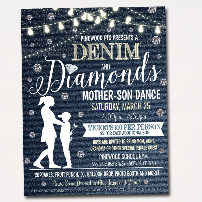 Mother Son Dance, Denim and Diamonds Blue Jeans and Bling Theme, School Pto Pta, Church Fundraiser Flyer Invite Event EDITABLE TEMPLATE