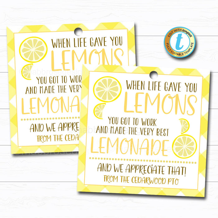 Lemons Gift Tag, When Life Give You Lemons Quarantine Appreciation Week Gift, Thank You Volunteer Coworker Staff Teacher, Editable Template