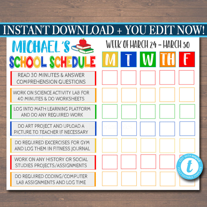 Printable Homeschool Schedule -  Daily Subject Checklist Template