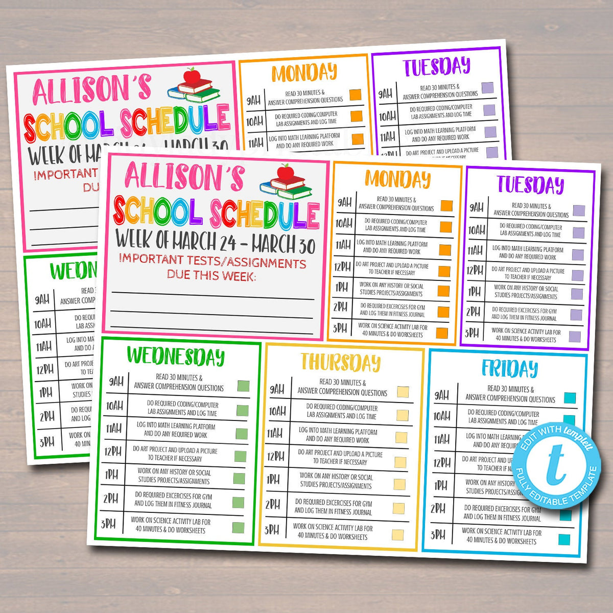 Daily Homework Organizer Kids Student Calendar Template — TidyLady ...