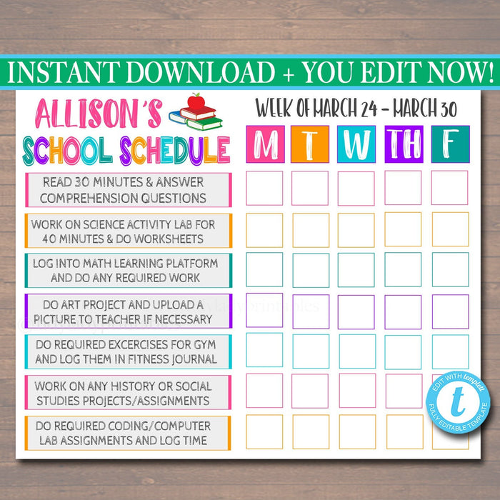 Homeschool Schedule - Daily Weekly Subject Checklist Editable Template