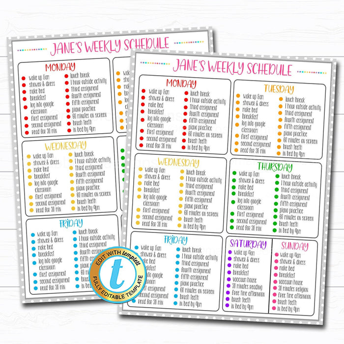Homeschool Daily Subject Checklist - Homework Organizer Kids Student Calendar Planner Printable Editable Template