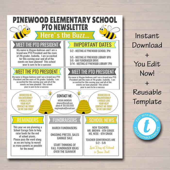 School PTO PTA Newsletter Bee Theme Flyer - EDITABLE Template