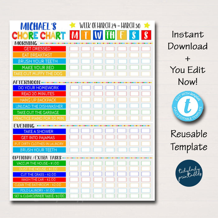 Kids Chore Chart Checklist Daily Weekly Routine Schedule - Editable Template