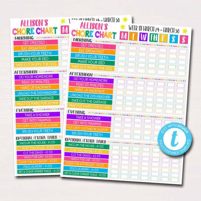 Kids Chore Chart Checklist - Weekly Routine Schedule - Editable Template