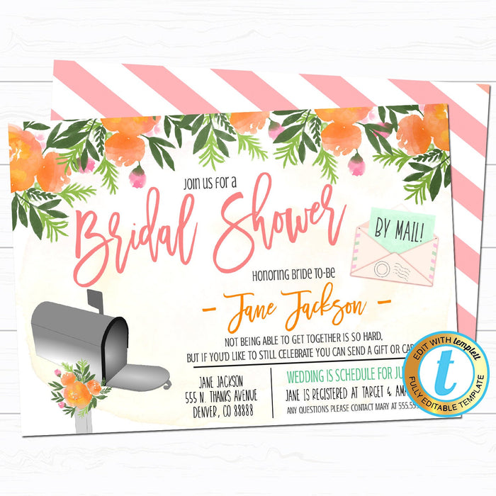 Shower By Mail Invitation - Bridal Shower Baby Shower Wedding Event - Long Distance Celebration Mail a Gift Card Party DIY Invitation Template