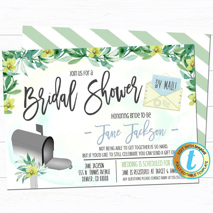 Shower By Mail Invitation, Bridal Shower Baby Shower Wedding Event, Long Distance Celebration Mail a Gift Card Party DIY Invitation Template