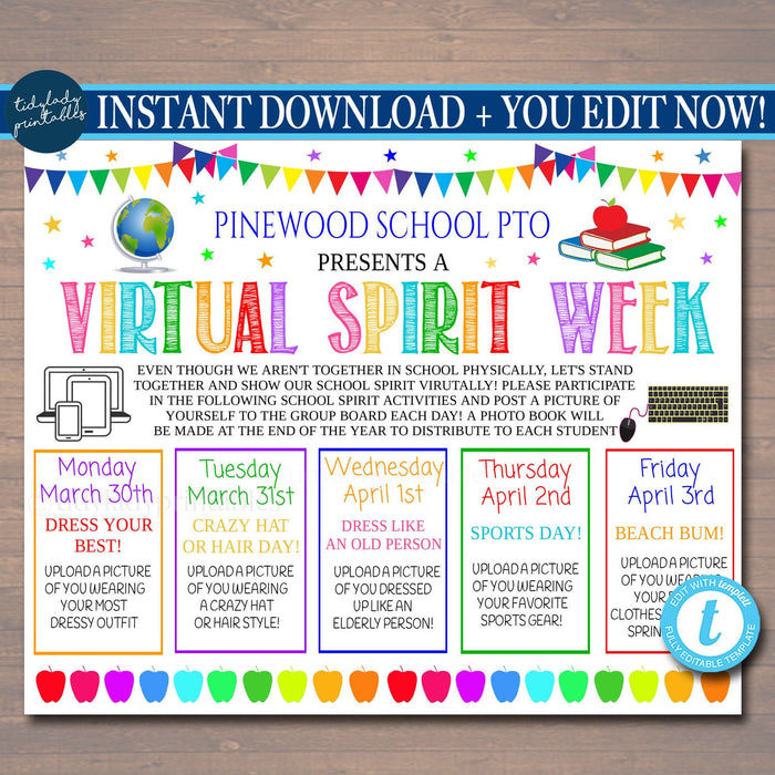 Virtual Spirit Week Itinerary Schedule - Kids Fun Schedule Planner Printable Editable Template