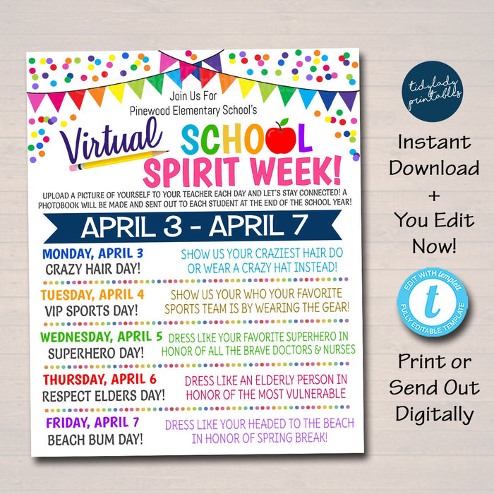 Virtual School Spirit Week Itinerary Schedule - Online Homeschool Planner Printable, Editable Template