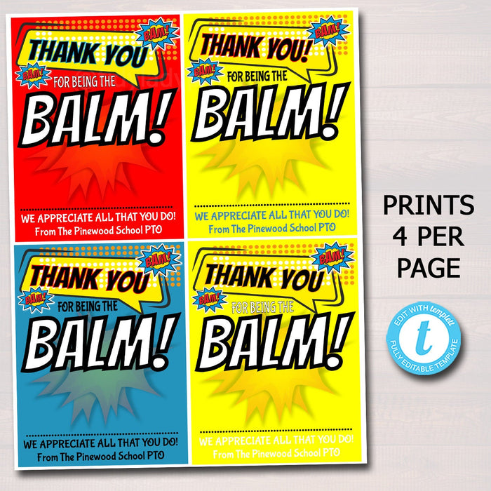 Superhero Lip Balm Favor Tags, You're the Balm, Super Hero Appreciation Week Thank you Gift Tag, INSTANT DOWNLOAD Digital Editable Template
