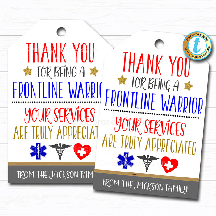 Frontline Workers Appreciation Gift Tag - Thank You Gift Nurse First Responder, Health Medical Public Service Worker, DIY Editable Template