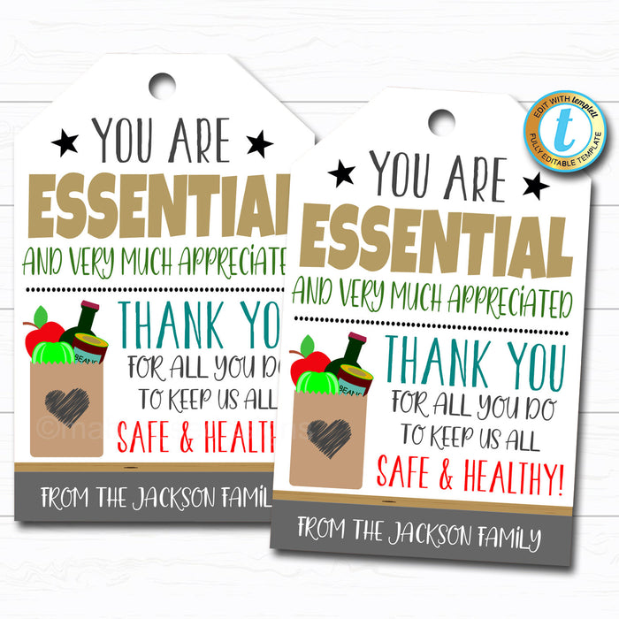 Essential Workers Appreciation Gift Tag - Thank You Gift Frontline Hero Job Retail Grocery Food Delivery Service Driver DIY Editable Template