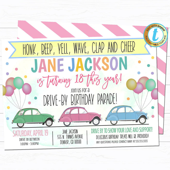 Drive By Birthday Parade Invitation - DIY Editable Template