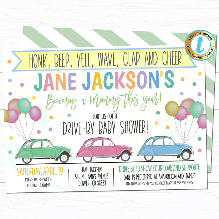 Drive By Baby Shower Parade Invitation - DIY Editable Template