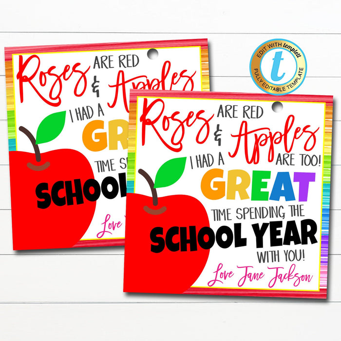 End of School Teacher Gift, Roses are Red Poem - DIY Editable Template