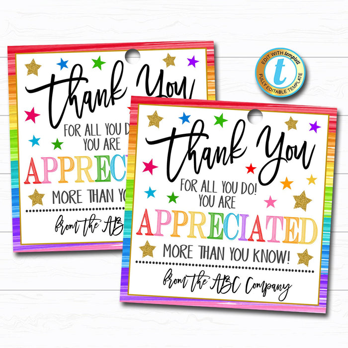 Thank You Gift Tags - Teacher Staff Employee Nurse Volunteer Staff Appreciation Week, You're a Star, School pto pta DIY Editable Template