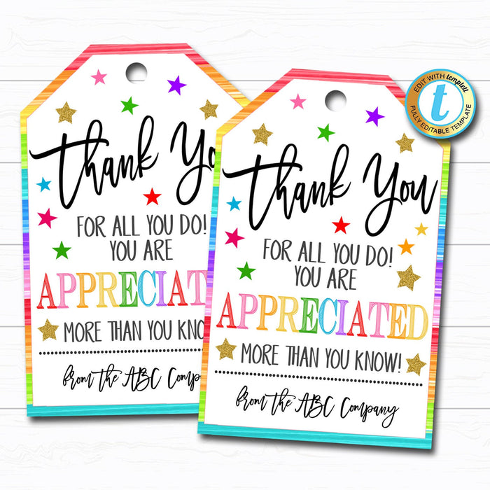 Thank You Gift Tags - Teacher Staff Employee Nurse Volunteer Staff Appreciation Week, You're a Star, School pto pta DIY Editable Template