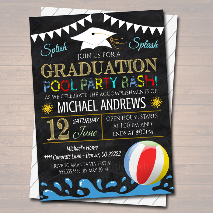 Editable Pool Party Graduation Invitation Chalkboard Printable Digital College Grad Invite Senior High School Grad Party, Grill & Chill BBQ