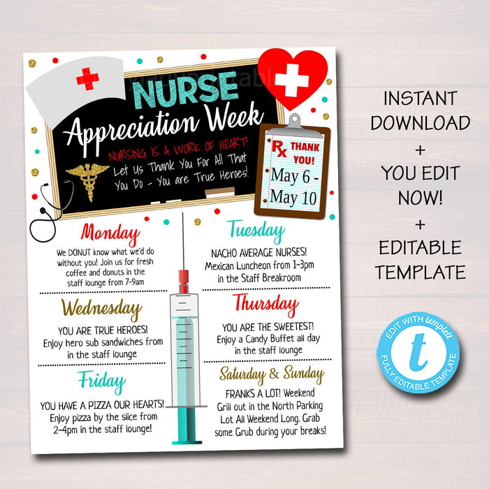 Nurse Appreciation Week Itinerary Template, Heart Medical National Nurses Week Weekly Schedule Events, INSTANT DOWNLOAD Printable Editable