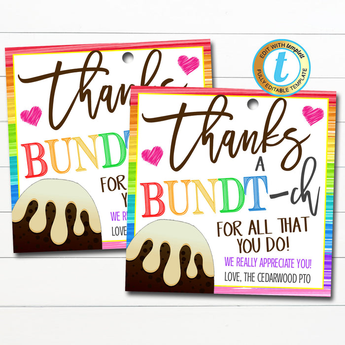 Bundt Cake Gift Tag, Thanks a Bundtch for all you do - DIY Editable Template
