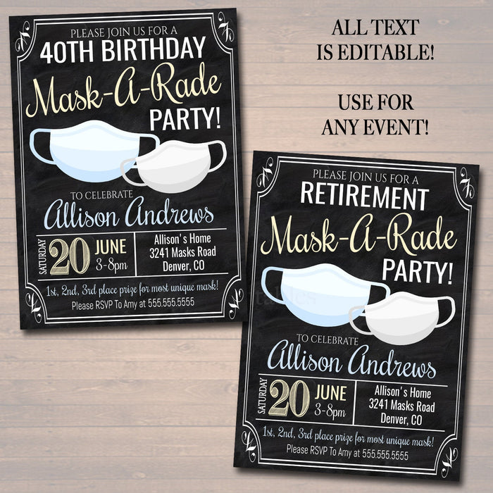 Medical Mask Party Invitation, Mask-a-rade party, Adult Birthday Retirement Graduation Invite, Quarantine Social Distance, INSTANT DOWNLOAD