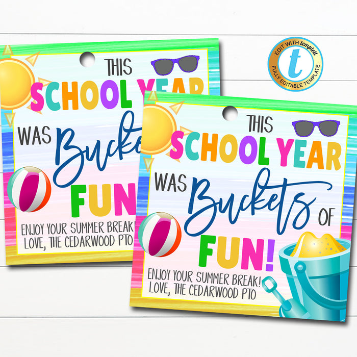 Bucket of Fun Gift Tag, School pto pta Thank You Tag, Beach theme Teacher Appreciation End Of School Year Teacher Gift DIY Editable Template