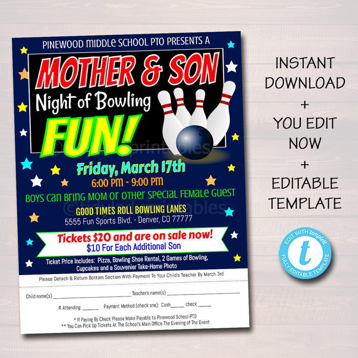 Mother Son Bowling Take Home Flyer - DIY Editable Template