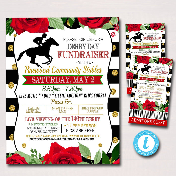 Derby Fundraiser Flyer, Invitation Ticket Set, Red Roses Invite, Benefit Charity Nonprofit Hat Contest Party, Derby Day, EDITABLE TEMPLATE