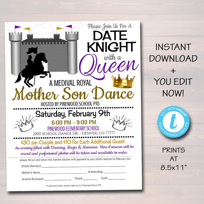 Mother Son Dance Flyer Party Invitation, Date Knight Medieval Theme, Church Community School Pto, Pta, INSTANT DOWNLOAD, Editable Template