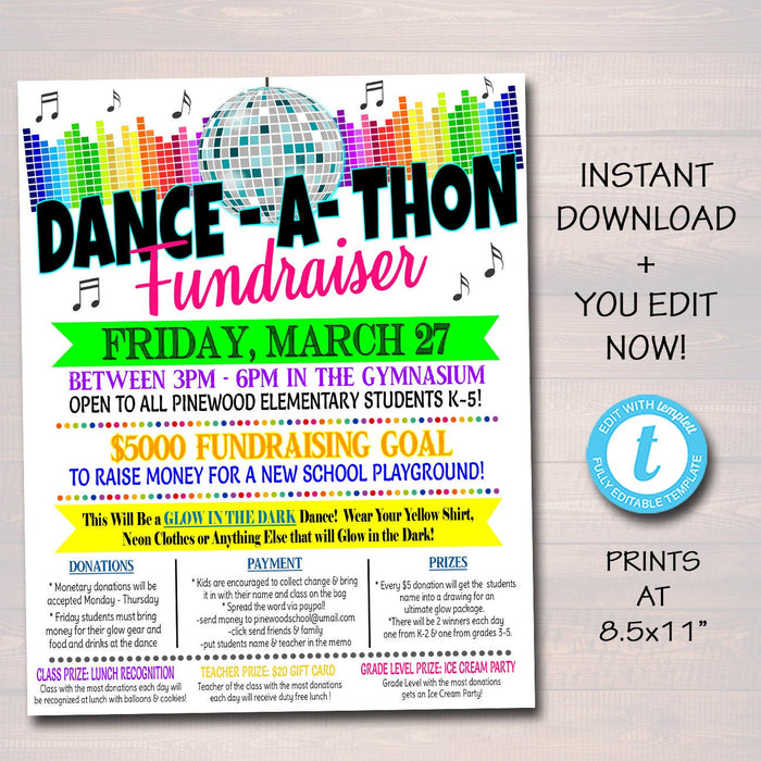 Dance-a-Thon Fundraiser Flyer, Printable School pto pta, Church Music Dance Fundraiser Event, Printable Digital Invite, EDITABLE TEMPLATE