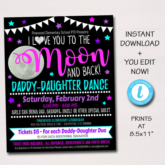 Daddy Daughter Dance Flyer Invitation, Starry Night Love You to the Moon and Back School pto pta Church Event, INSTANT DOWNLOAD Editable