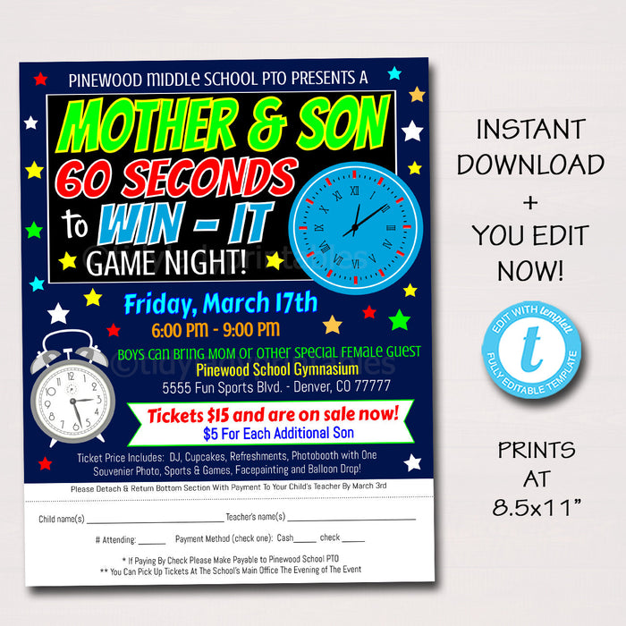 Mother Son Game Night Take Home Flyer - 60 Seconds to Win it - Editable Template