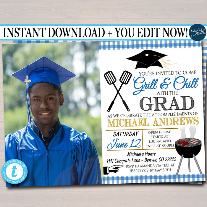 BBQ Graduation Invitation, Printable Digital College Grad Invite, Guy, Man Senior Grad Party, Grill Out & Chill BBQ Invite Editable Template
