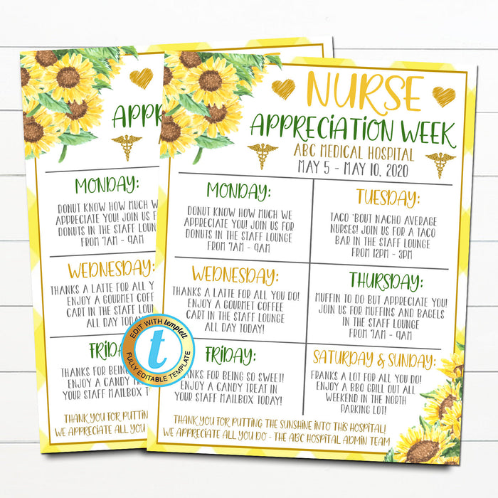 Nurse Appreciation Week Itinerary - Editable DIY Template