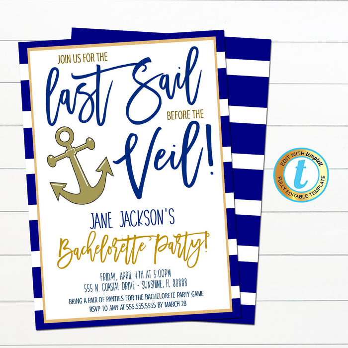 Last Sail Before The Veil Nautical Bachelorette Party Invite - Editable Template