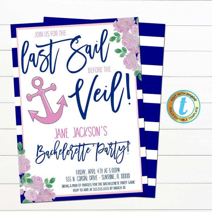 Last Sail Before The Veil Nautical Bachelorette Party Invite - Editable Template