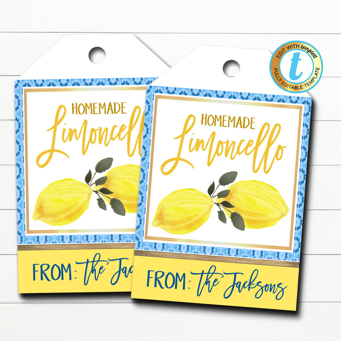 Limoncello Gift Tags, Homemade Lemon Liquor Syrup Gift Tag - DIY Editable Template