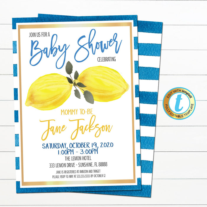 Lemon Baby Shower Invitation - Editable Template
