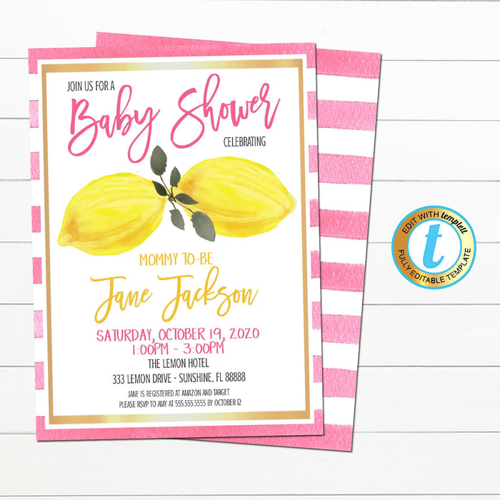 Lemon Theme Baby Shower Invitation - Editable Template