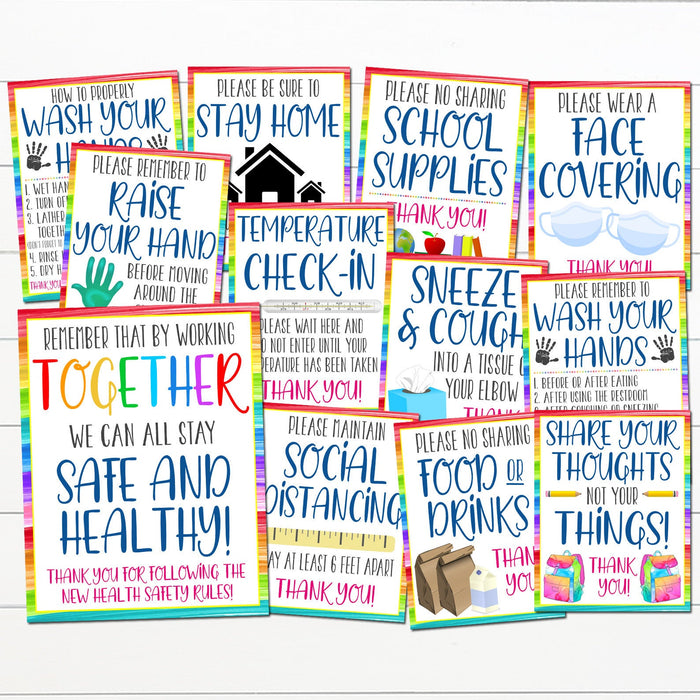 School Health Safety Poster Set - Face Masks Required, School Safety Guidelines & Virus Prevention Posters, Wash Hands, Digital Instant Download