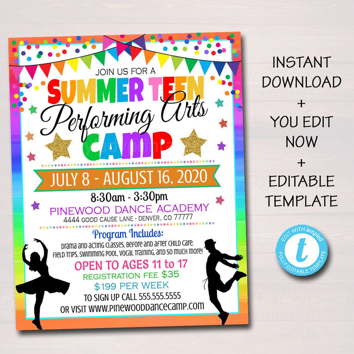 Summer Camp Flyer, Performing Arts, Dance Drama Theater Camp, Marketing Invite, Middle High School Teen Printable Editable Template