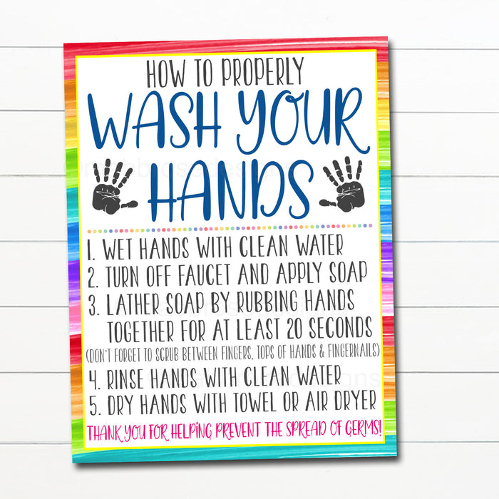 Wash Your Hands Sign Set, School Covid19 Safety Guidelines and Virus Prevention Hand Washing Rules Poster Digital Printable Instant Download
