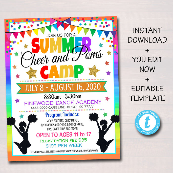 Cheerleading Camp Flyer, Girls Cheer Poms Dance Team Summer Camp, Marketing Invite, Middle High School Teen Printable Editable Template