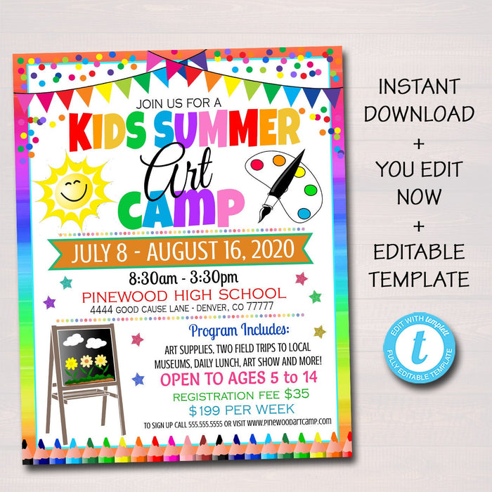 Summer Art Camp Flyer, Kids Little Artist Teacher Camp, Marketing Invitation, Elementary Middle High School, Printable Editable Template